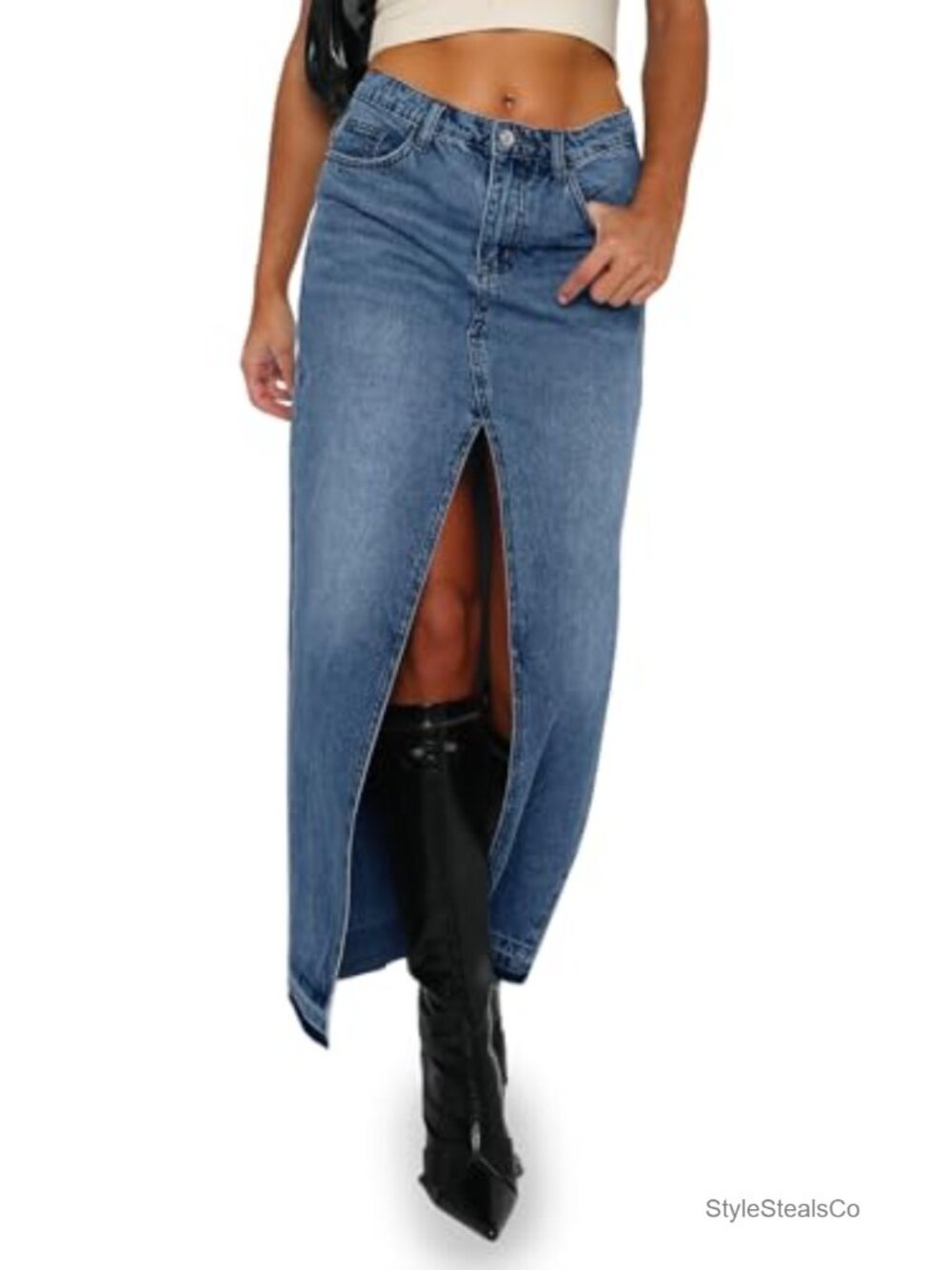 Women's Long Denim Maxi Skirt High Waisted Split Jean Skirt Frayed Hem A-Line